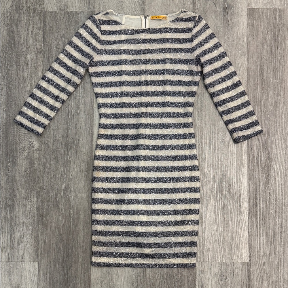 Alice + Olivia Navy and White Striped Long Sleeve Dress with Sequins